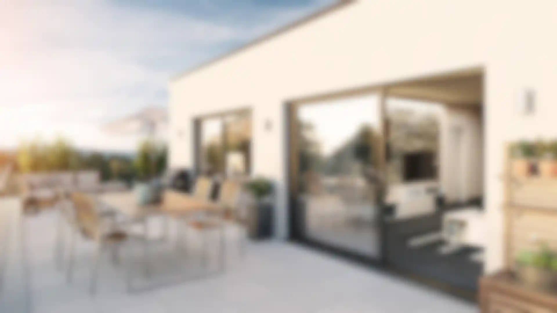 3D architectural rendering of a modern terrace with warm sunset lighting | Redshift, Cinema 4D