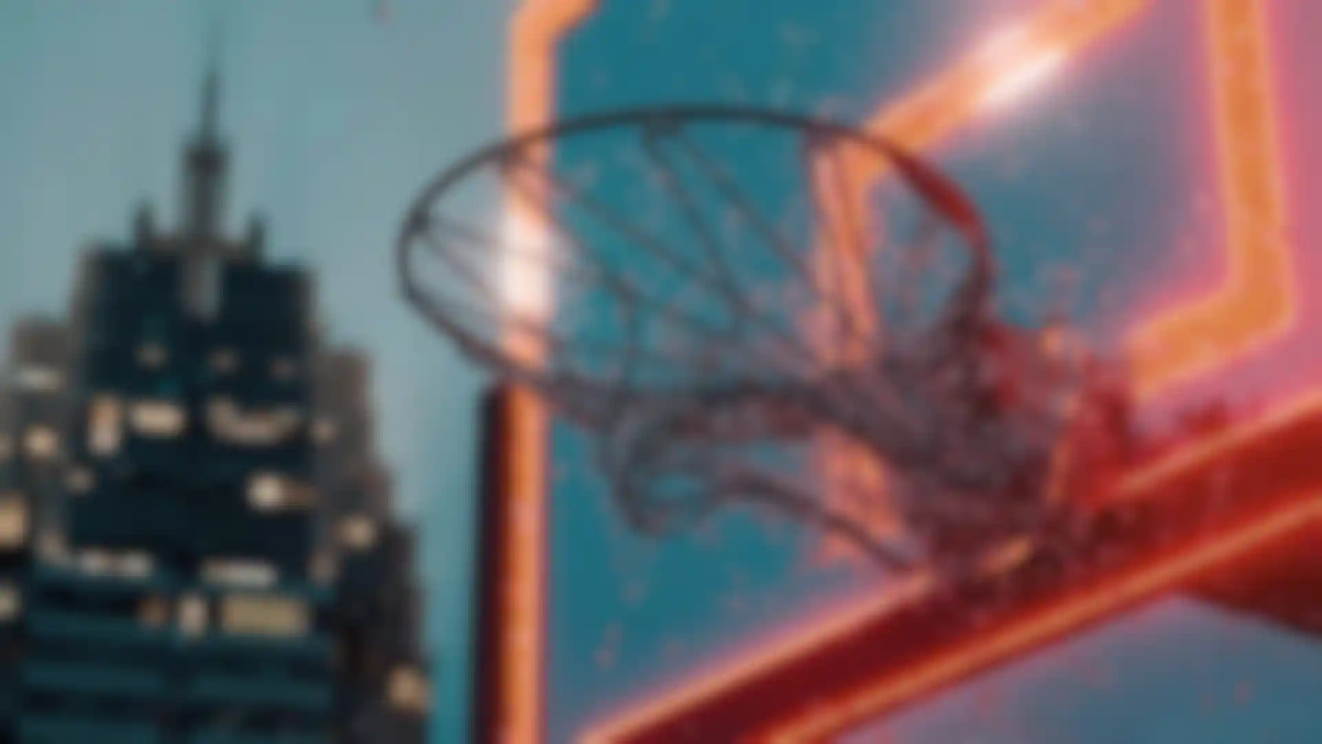 Cinema 4D 3D animation of neon basketball hoop shattering with city skyline background