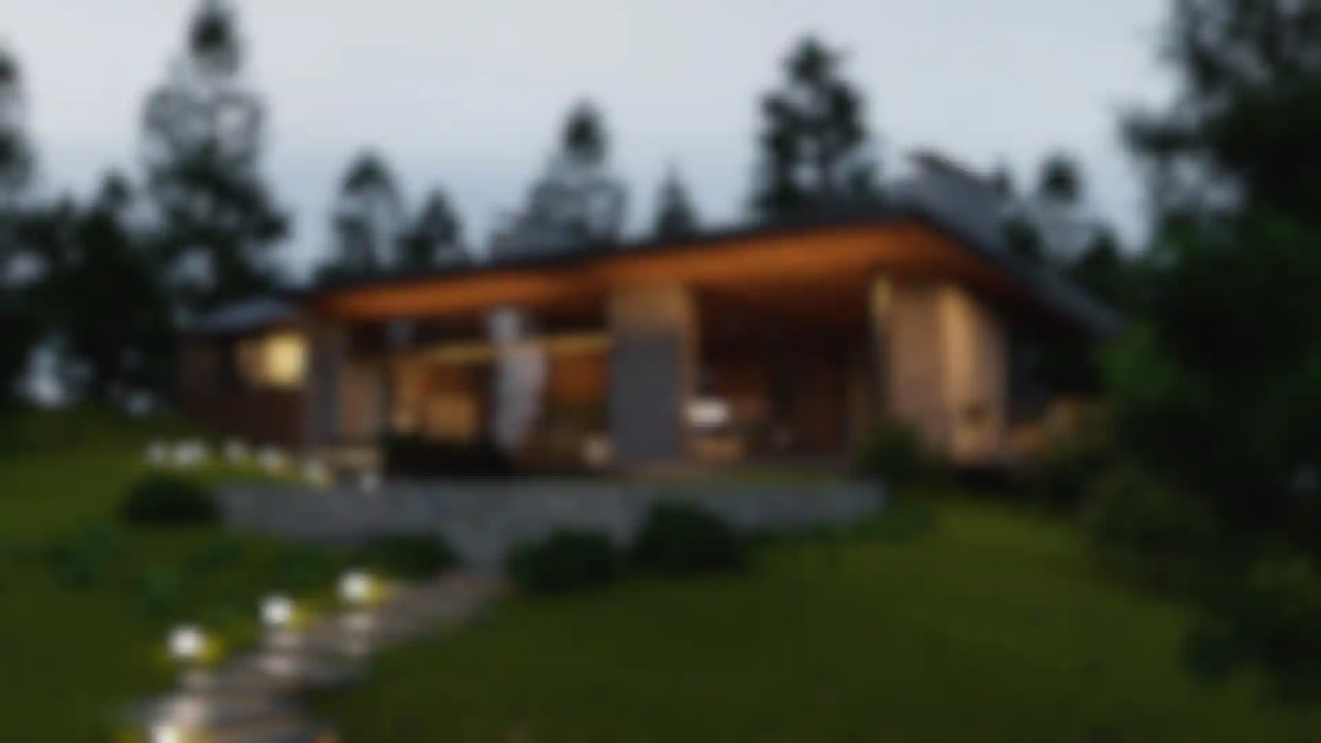 Modern luxury house 3D architectural rendering in forest at sunset